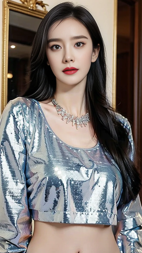 Low-cut sequined crop top，necklace. (best quality : 1.2), (masterpiece, Reality : 1.3), Super Detail, Positive face