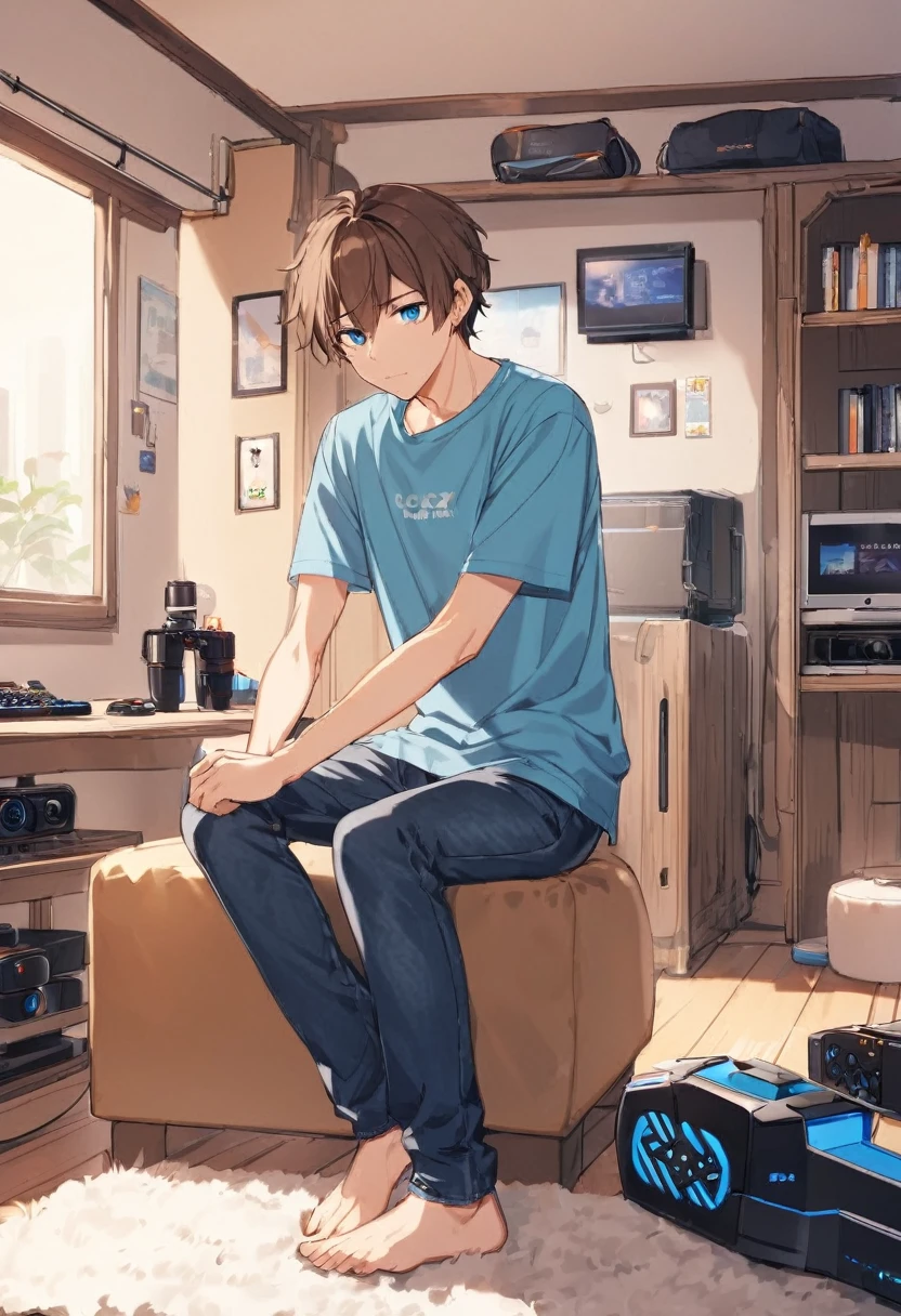 Young man with an average build, messy brown hair, and bright blue eyes, wearing casual jeans and a t-shirt, slightly shy and supportive demeanor, relaxed and friendly expression, standing or sitting in a relaxed pose, cozy room with gaming gear in the background.