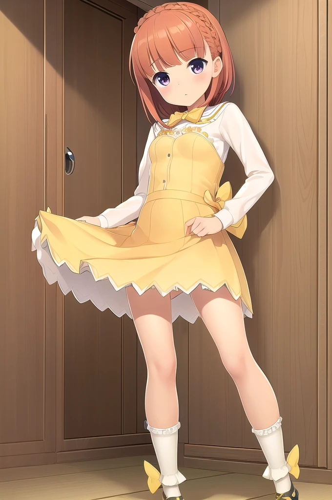 ultra-detailed, high resolution, extremely detailed cg, anime picture,(masterpiece, best quality:1.4), illustration ,1girl, (aikawa aika), (aikachan), braid, (yellow bow), (yellow skirt), white socks, (vaginal,sex1.8)