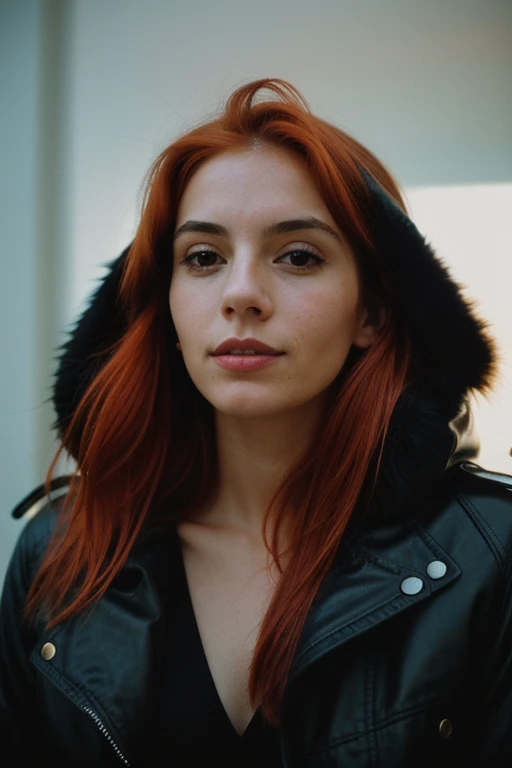 photograph of a woman, (sympathetic expression on his face), looks straight into the camera, full face, ultra textured leather, goosebumps, red hair half up and half down, faux fur lined parka with skinny jeans , profile , furnishings of a poor apartment, Perfect eyes, ((hard lighting:1.4)), Velvia 100 color, shot on CineStill 800T, hips, sharp focus on the subject, photographed by Manuela Marquez