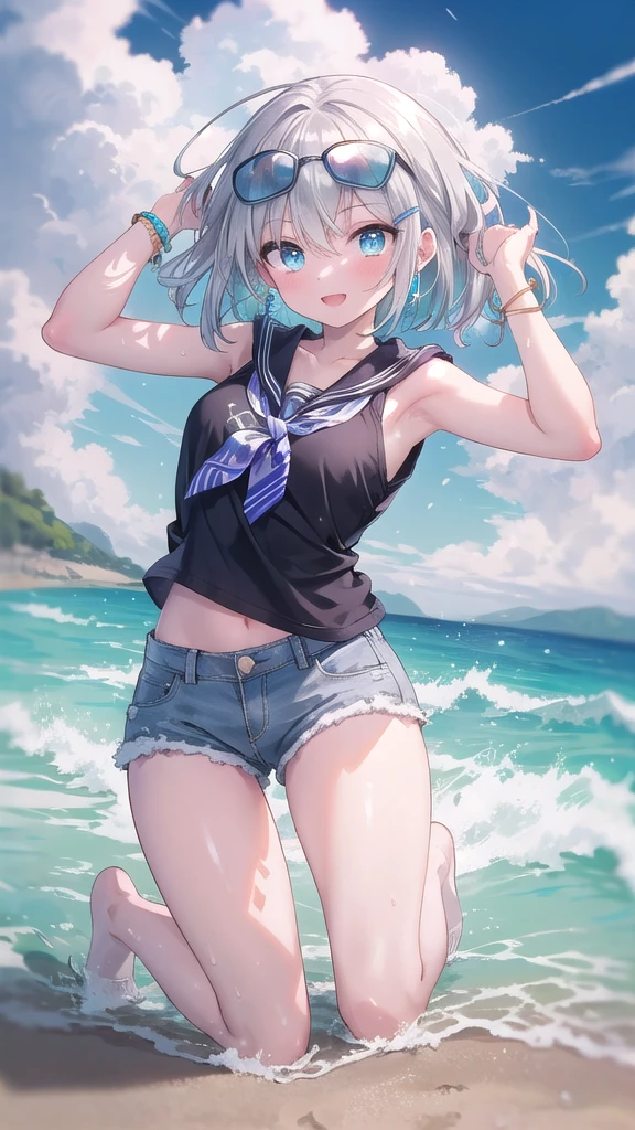 (8K, best quality, master piece: 1.3),super high resolution,1 girl, solo, full body ,ultra-detailed face, silme, (silver gray hair), thin hair clip, cyan colorshift eyes, expressive eyes, Ecstatic expression,Hippie style, cotton, denim, tie-dye, blue, headband, sunglasses, Sandy beach, gold, blue, white, bright and relaxing