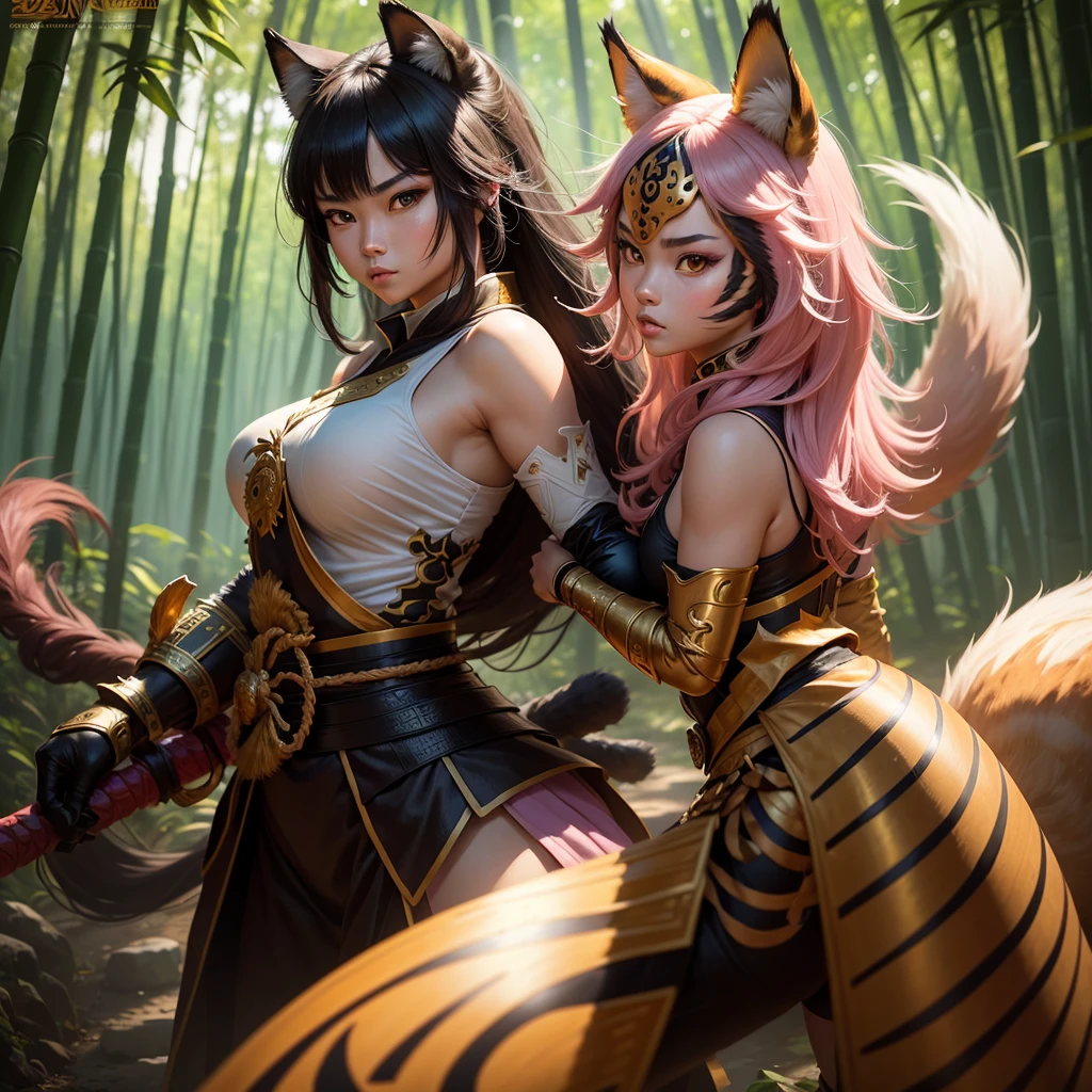 Ultra detail. Ultra realistic. A beast man with human body, head and tail of a tiger. Wearing samurai costum. Right hand grap a catana. Ready to fight to protect a girl behind him. Teenage girl. Very pretty girl, brave eyes. Asian model. Girl with fox ears and tail. Good looking body. Wear a noble dress. Pink and gold han fu. Background bamboo forest. The opposite is a black tiger. Huge with golden eyes. So hungry. Ready to attack. 4k.8k. UHD. Wide angle full body view. Face detailed. Costum detailed. Fur detailed. Weapon detailed. Character detailed. Emotions detailed.