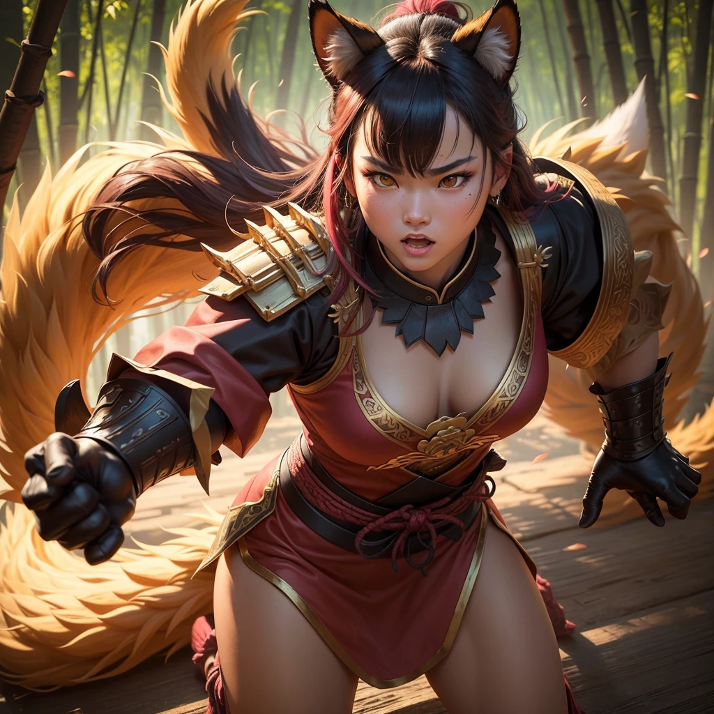 Reslistic donghua human, masterpiece Reslistis photo, hyper detailed, 4D fantasy woman with a cat body with muscle, beautiful long hair wearing samurai's women's clothing with armor, holding a shield and big axe that glows light brown with a flow of mystical energy around the body, a burning forest in the background and human troops fighting in Gusoku armor, 8k, highly detailed,