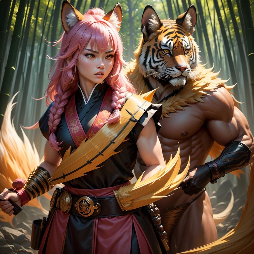 Ultra detail. Ultra realistic. A beast man with human body, head and tail of a tiger. Wearing samurai costum. Right hand grap a catana. Ready to fight to protect a girl behind him. age girl. Very pretty girl, brave eyes. Asian model. Girl with fox ears and tail. Good looking body. Wear a noble dress. Pink and gold han fu. Background bamboo forest. The opposite is a black tiger. Huge with golden eyes. So hungry. Ready to attack. 4k.8k. UHD. Wide angle full body view. Face detailed. Costum detailed. Fur detailed. Weapon detailed. Character detailed. Emotions detailed.