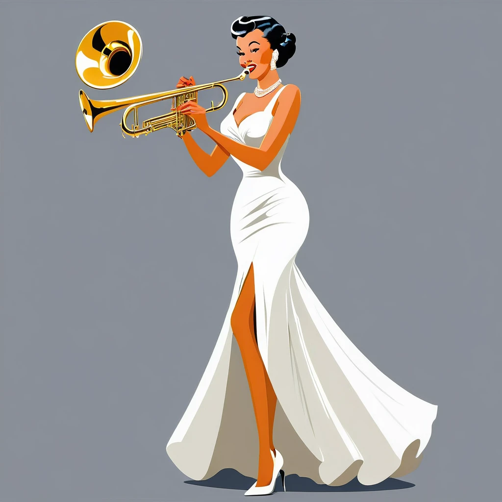 rafed woman in white dress playing a trombone on grey background, inspired Tex Avery, Retro illustration, trombone, In the style of digital illustration, Flat Vector Art, jazz, 1950s illustration style, stylized digital illustration, Manga style illustration, Tex Avery, Pinup Poster Girl, Vector style drawing, Vector Art Style, Elegant woman