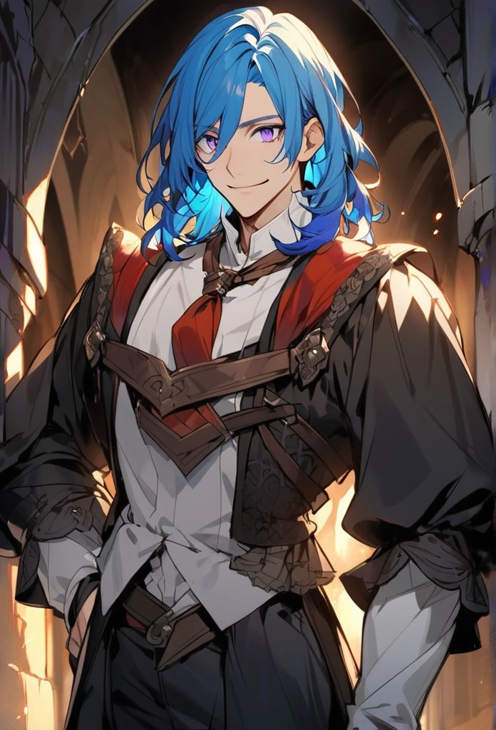 Handsome, 1 male, solo, medium length hair, with bangs, bright blue hair with hidden white highlights, sharp eyes, purple eyes, white shirt, red tie, black jacket, black pants, smile facial, half body shot. medieval era. 