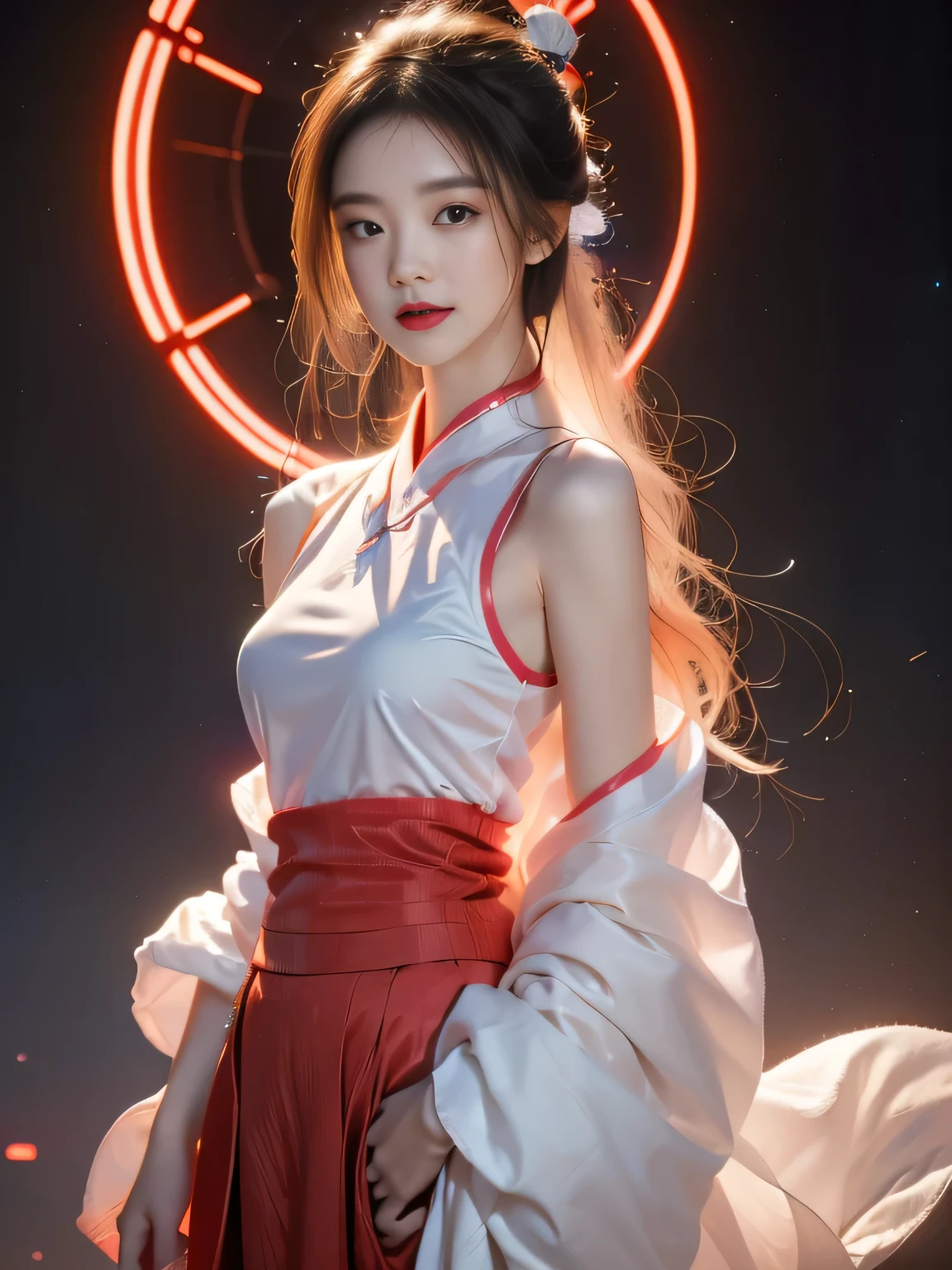 1 girl solo, perfect_hand, (8K, Raw photo, best quality, masterpiece:1.2), (Practical, photo-Practical:1.4), (extremely detailed CG unity 8K wallpaper),whole body, (Neon lights), Markup, Robotic Arm, Hanfu, Chinese clothes, skirt, Pretty Face,(Hidden Shot:1.1), epic Practical,Raw, simulation