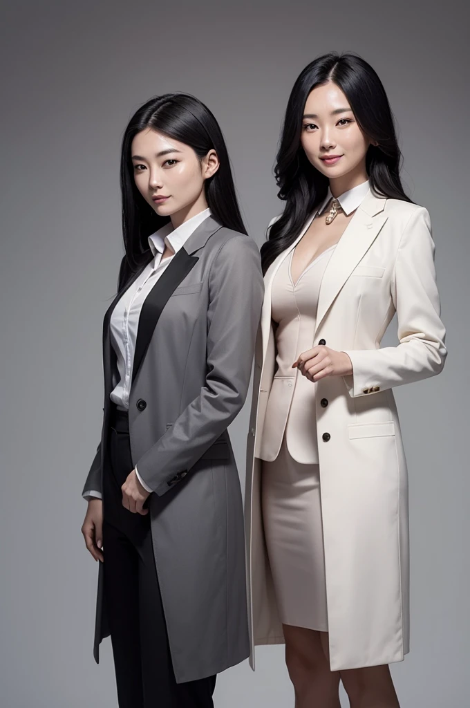 A woman with long black hair wearing a suit with a serious face next to a woman with short blonde hair with a smile on her face wearing a lab coat showing her entire body