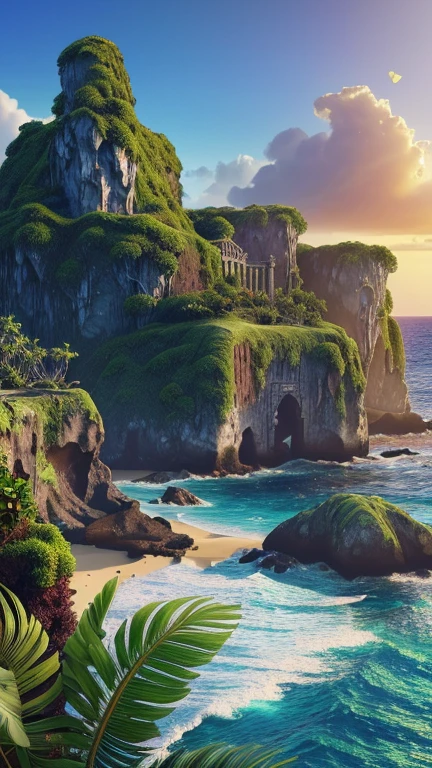 a mysterious island, lush tropical foliage, rocky cliffs, crashing waves, ancient ruins, glowing crystals, ethereal atmosphere, fantasy landscape, dramatic lighting, vibrant colors, cinematic composition, (best quality,4k,8k,highres,masterpiece:1.2),ultra-detailed,(realistic,photorealistic,photo-realistic:1.37),concept art