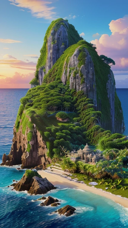 a mysterious island, lush tropical foliage, rocky cliffs, crashing waves, ancient ruins, glowing crystals, ethereal atmosphere, fantasy landscape, dramatic lighting, vibrant colors, cinematic composition, (best quality,4k,8k,highres,masterpiece:1.2),ultra-detailed,(realistic,photorealistic,photo-realistic:1.37),concept art