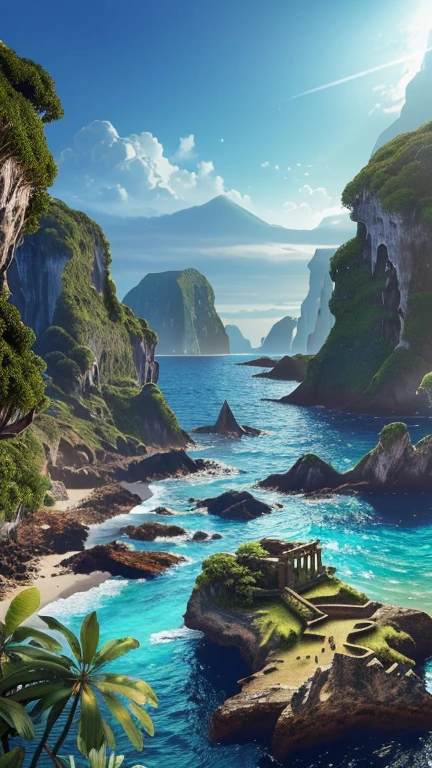 a mysterious island, lush tropical foliage, rocky cliffs, crashing waves, ancient ruins, glowing crystals, ethereal atmosphere, fantasy landscape, dramatic lighting, vibrant colors, cinematic composition, (best quality,4k,8k,highres,masterpiece:1.2),ultra-detailed,(realistic,photorealistic,photo-realistic:1.37),concept art