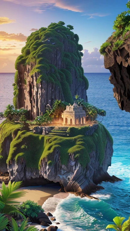 a mysterious island, lush tropical foliage, rocky cliffs, crashing waves, ancient ruins, glowing crystals, ethereal atmosphere, fantasy landscape, dramatic lighting, vibrant colors, cinematic composition, (best quality,4k,8k,highres,masterpiece:1.2),ultra-detailed,(realistic,photorealistic,photo-realistic:1.37),concept art