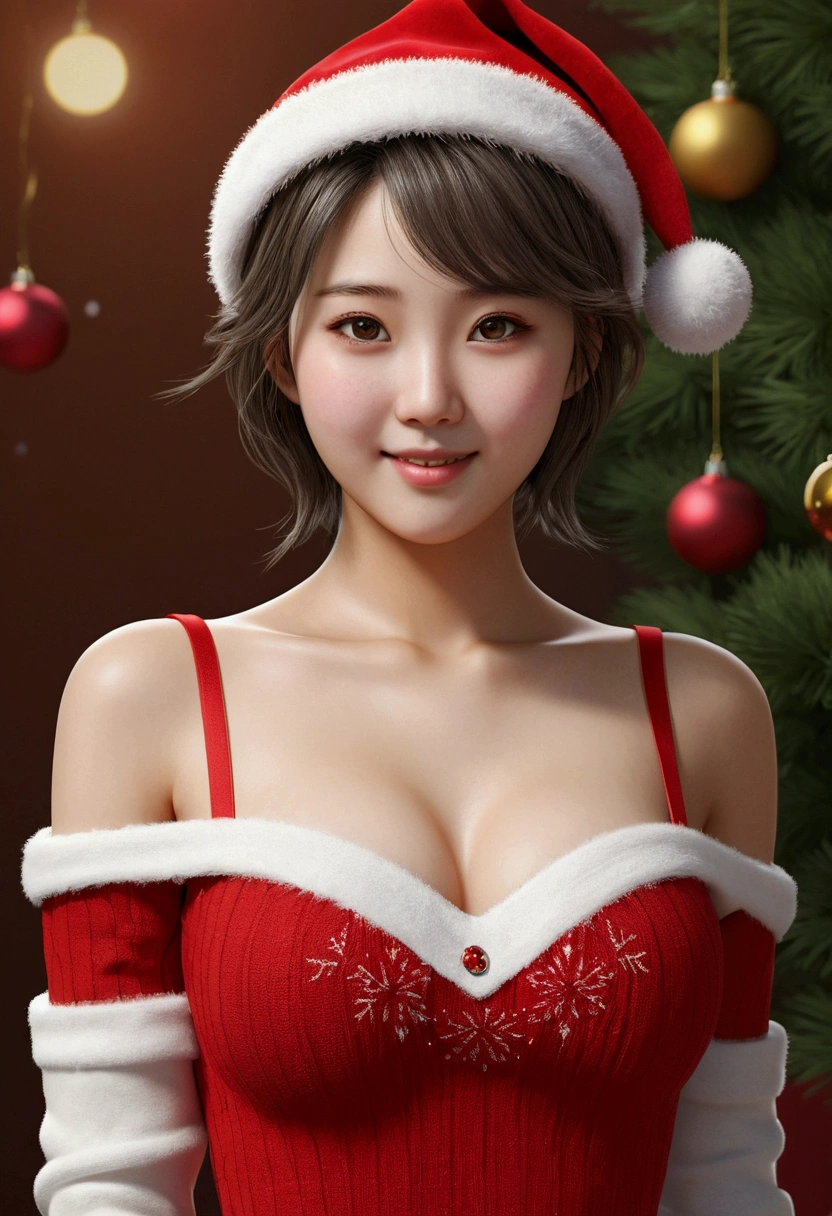 incredibly absurd, beautiful and cute 20-year-old Korean girl with a photorealistic face, showcasing top-quality craftsmanship. Her slender frame adorned with short, messy hair. The artwork high-resolution, allowing for ultra-detailed features to be captured flawlessly. The girl is wearing Christmas Costume. The focus lies on the realistic pupils, showcasing depth and emotion. ((breasts out)) cute smile.
