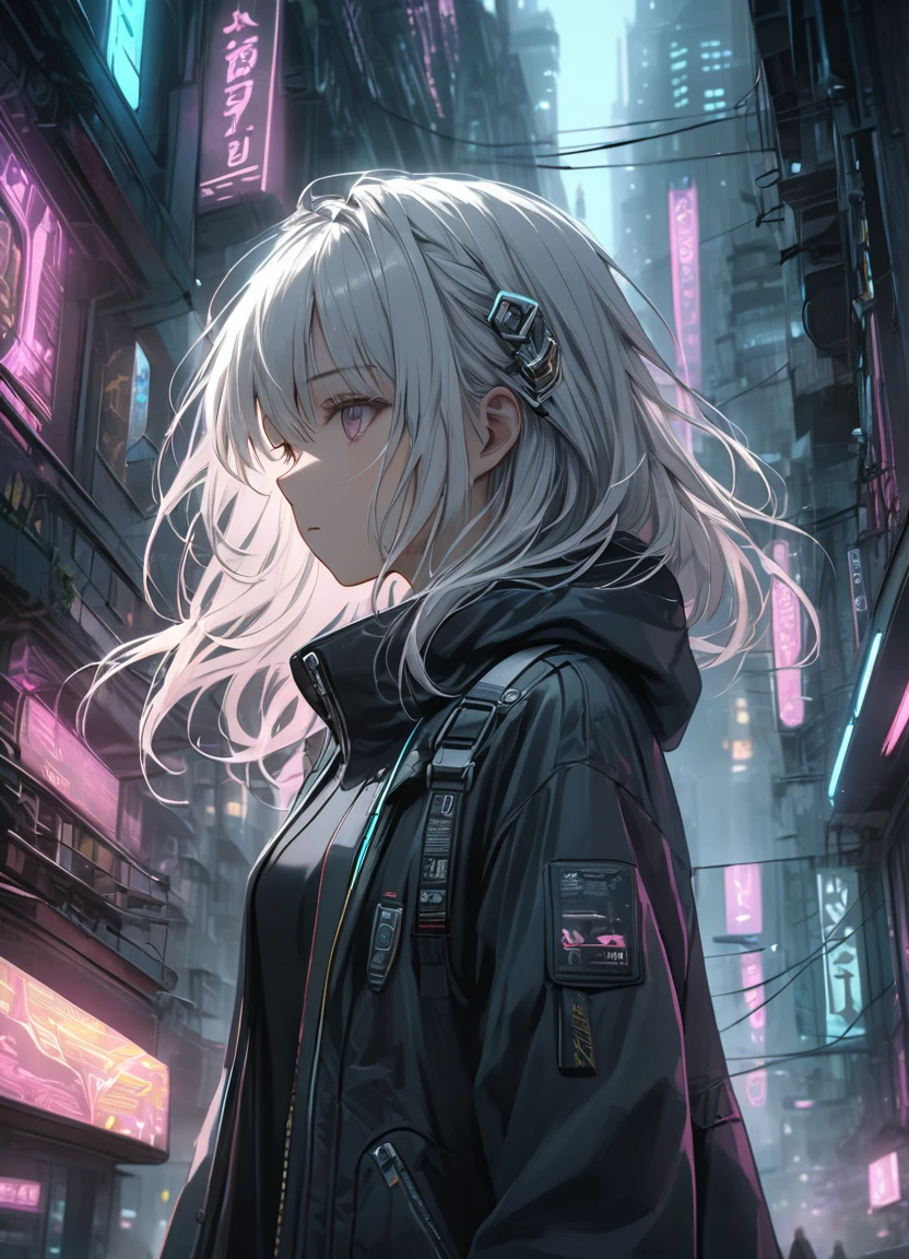 A beautiful girl with long white hair blowing in the wind, flying through a futuristic city, intricate architecture, neon lights, cyberpunk, cinematic lighting, muted color palette, dramatic atmosphere, highly detailed, photorealistic, 8k, award winning digital art