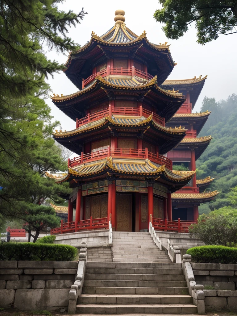 A traditional Chinese building, which is a temple, is located on a hillside surrounded by trees and natural scenery. The traditional Chinese roof design features eaves that are upturned, with a combination of dark red and yellow colors.
In the foreground, a set of stone steps leads to the building, flanked by railings on both sides. The entire scene is shrouded in a thin mist, adding a sense of mystery and tranquility. The sky is overcast, having just experienced a rainfall.