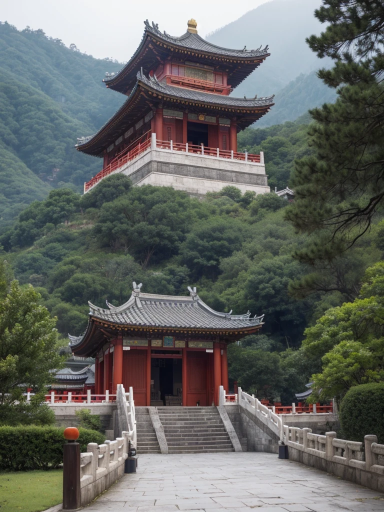 A traditional Chinese building, which is a temple, is located on a hillside surrounded by trees and natural scenery. The traditional Chinese roof design features eaves that are upturned, with a combination of dark red and yellow colors.

In the foreground, a set of stone steps leads to the building, flanked by railings on both sides. The entire scene is shrouded in a thin mist, adding a sense of mystery and tranquility. The sky is overcast, having just experienced a rainfall.
