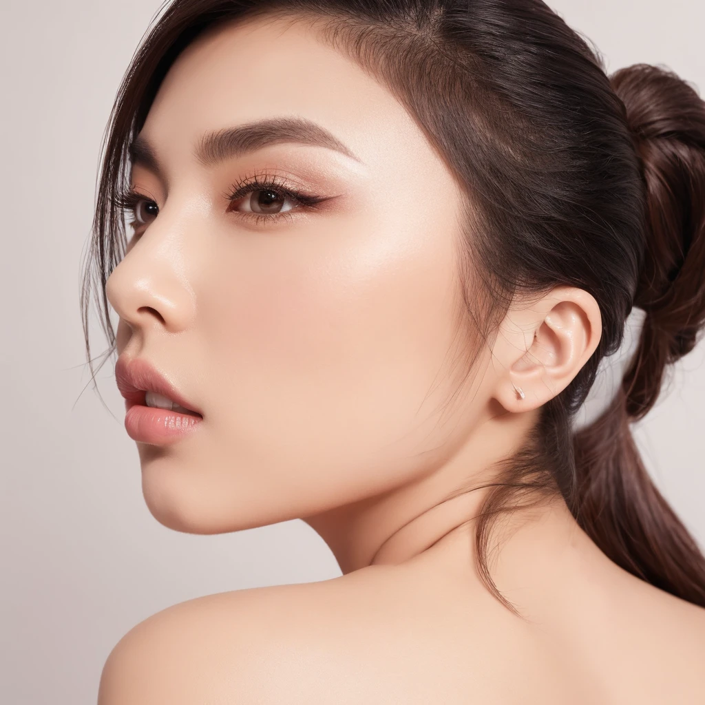 Professional studio portrait of an Asian female lash salon model, left side profile (90 degrees), striking eyebrows and long eyelashes, white background, high-key lighting, beauty photography, detailed facial features, sharp focus, dramatic eye makeup, bold lipstick, flawless skin