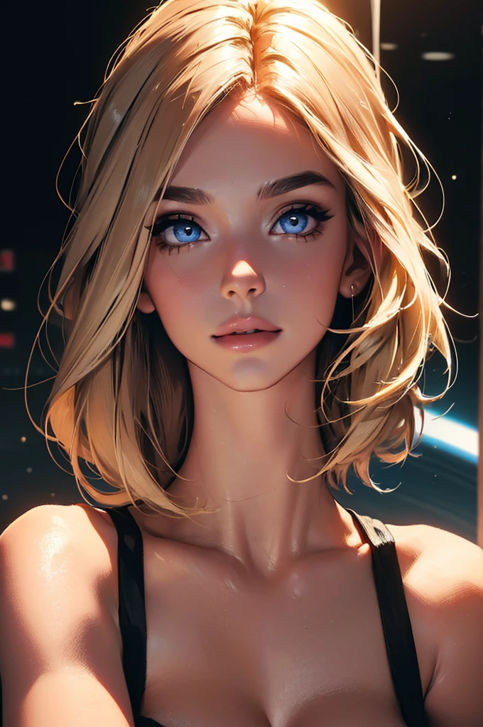 ((((masterpiece, best quality, high resolution)))), Extremely detailed 8K, Beautiful girl with slender body, (Ultra HD, Ultra-detailed, Highly detailed, Highly realistic, Ultra-realistic, photograph realistic), (1girl:1.5), (Realistic blonde hair with dark roots), wavy hair, boho bob cut,(dark makeup, pink eyeshadow), facing at camera, light smile, (beautiful detailed face, beautiful detailed eyes), (sexy space outfit), see through top, cleavage, glow, sweat, (space cruise, detailed makeup, gold bracelet