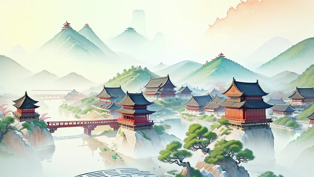 painting of a chinese village with a bridge and a pagoda, chinese watercolor style, chinese painting style, chinese style painting, dreamy chinese town, scenery artwork, beautiful art uhd 4 k, traditional chinese watercolor, japanese style painting, traditional chinese painting, chinese village, traditional chinese ink painting, chinese ink painting, inspired by Dong Qichang, a beautiful artwork illustration