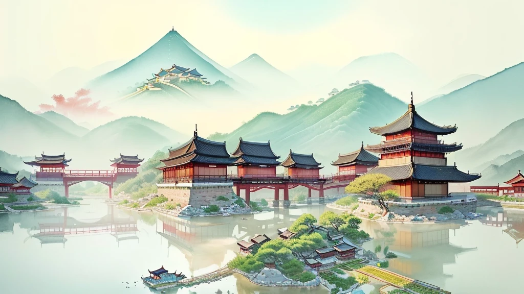 painting of a chinese village with a bridge and a pagoda, chinese watercolor style, chinese painting style, chinese style painting, dreamy chinese town, scenery artwork, beautiful art uhd 4 k, traditional chinese watercolor, japanese style painting, traditional chinese painting, chinese village, traditional chinese ink painting, chinese ink painting, inspired by Dong Qichang, a beautiful artwork illustration