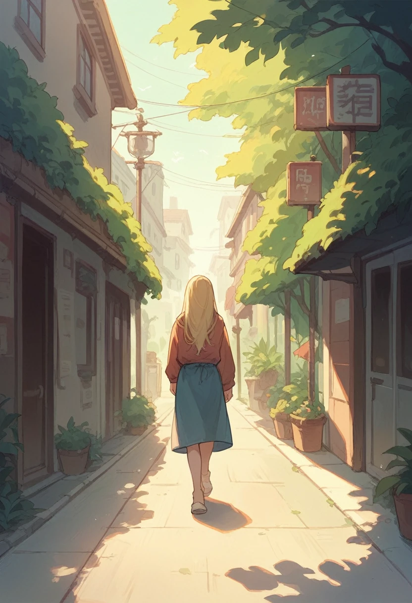 Blonde, long hair, perfect body, summer clothes, walking down the street