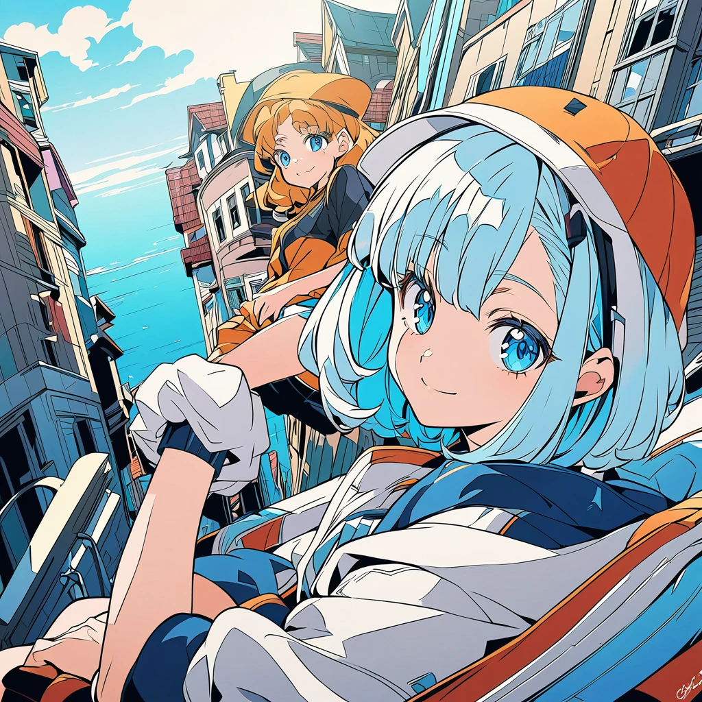 Blue eyed anime girl with light blue shaggy cut, Young girl，Young Teenage Girl, Digital illustration style, In the art style of Bouwater, Anime Style, Anime-style illustrations,　Smiling、　far