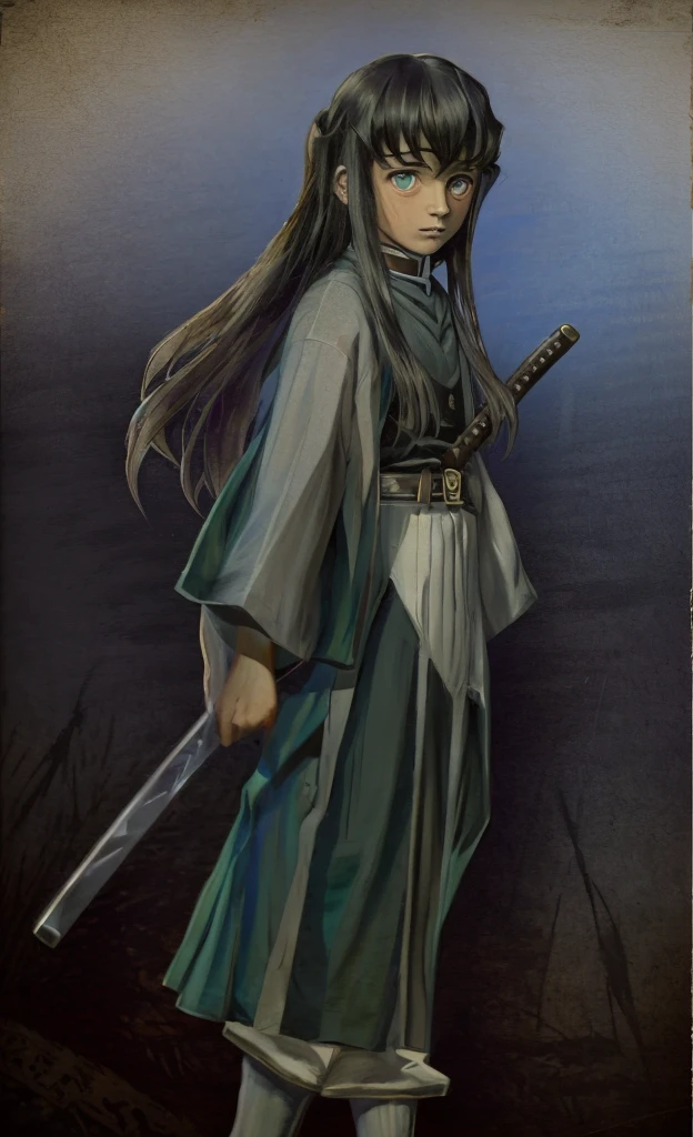 surrealistic, 8k, realistic photo, details, 1912s, cinematic, 14 year old youth, beautiful eyes, sword at waist, beautiful boy with long hair, swordsman, old portrait photo from 1912s, Demon Slayer, Muitiro Tokitou , samurai,1912s background,