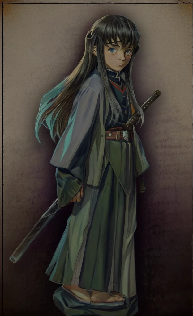 surrealistic, 8k, realistic photo, details, 1912s, cinematic,  youth, beautiful eyes, sword at waist, beautiful boy with long hair, swordsman, old portrait photo from 1912s, Demon Slayer, Muitiro Tokitou , samurai,1912s background,