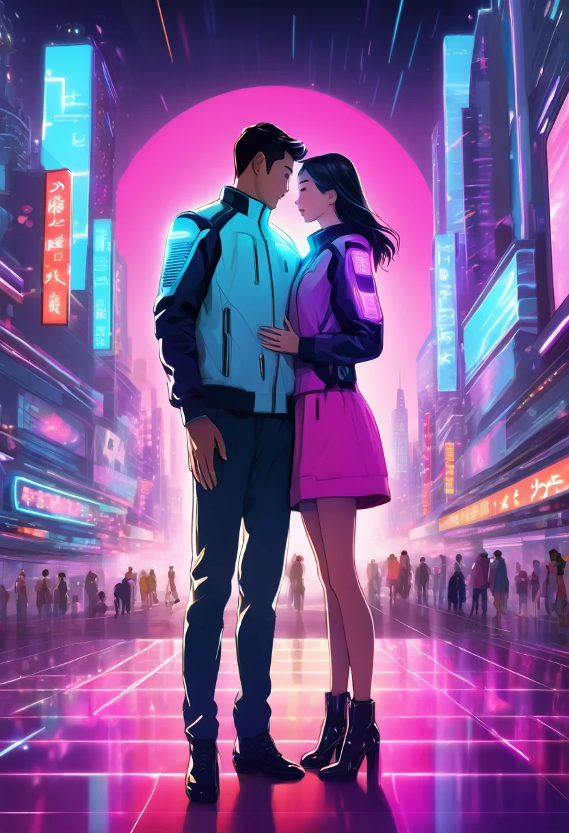Create an anime-style illustration of a couple in love, set in a futuristic world where advanced technology and robots coexist with humans. The couple should be in a tender, affectionate moment, perhaps holding hands or embracing. The background should be a vibrant, bustling cityscape with sleek, modern architecture, neon lights, and holographic advertisements. Various robots should be visible, interacting with humans and performing everyday tasks. The couple's clothing should blend contemporary and futuristic fashion, with subtle technological accessories. The atmosphere should be romantic and warm, with soft lighting highlighting the couple's expressions of love and the advanced, yet harmonious, environment around them.