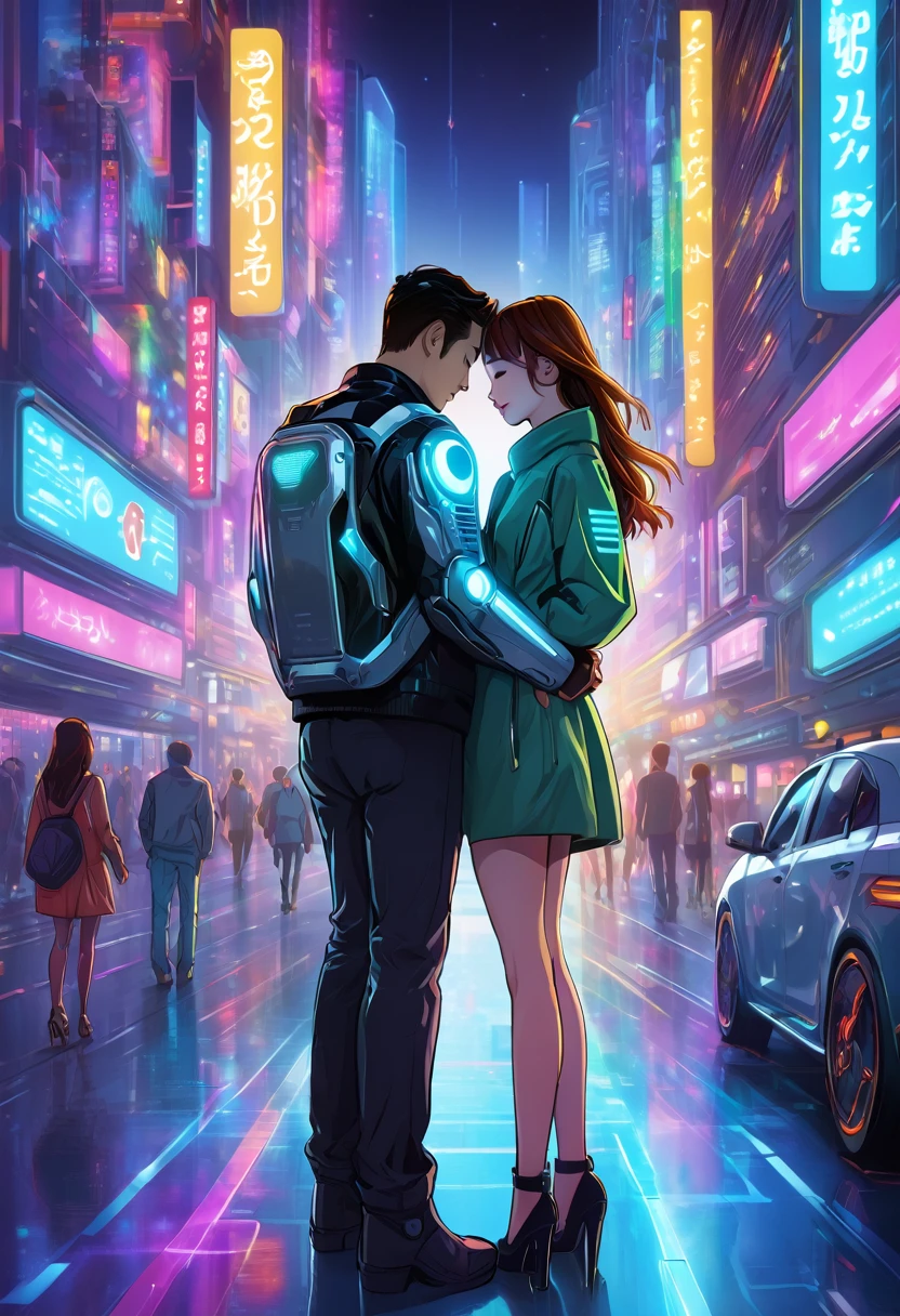 Create an anime-style illustration of a couple in love, set in a futuristic world where advanced technology and robots coexist with humans. The couple should be in a tender, affectionate moment, perhaps holding hands or embracing. The background should be a vibrant, bustling cityscape with sleek, modern architecture, neon lights, and holographic advertisements. Various robots should be visible, interacting with humans and performing everyday tasks. The couple's clothing should blend contemporary and futuristic fashion, with subtle technological accessories. The atmosphere should be romantic and warm, with soft lighting highlighting the couple's expressions of love and the advanced, yet harmonious, environment around them.