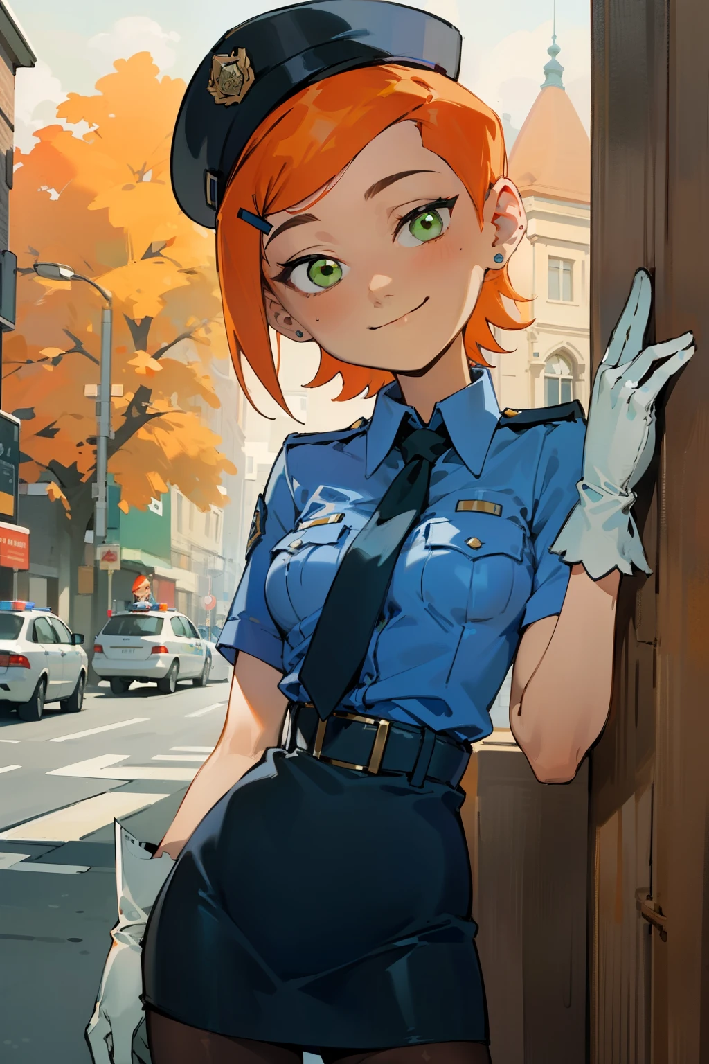 (masterpiece, best quality), 1girl(beautiful face, gwendolyn_tennyson, breasts, orange hair, short hair, green eyes),detailed face, smile, solo, head tilt, police woman, low blue shirts, belts, dark blue skirt, brown pantyhose, police hat, white gloves, outdoor, standing , sexy waist teasing, a seductive pose