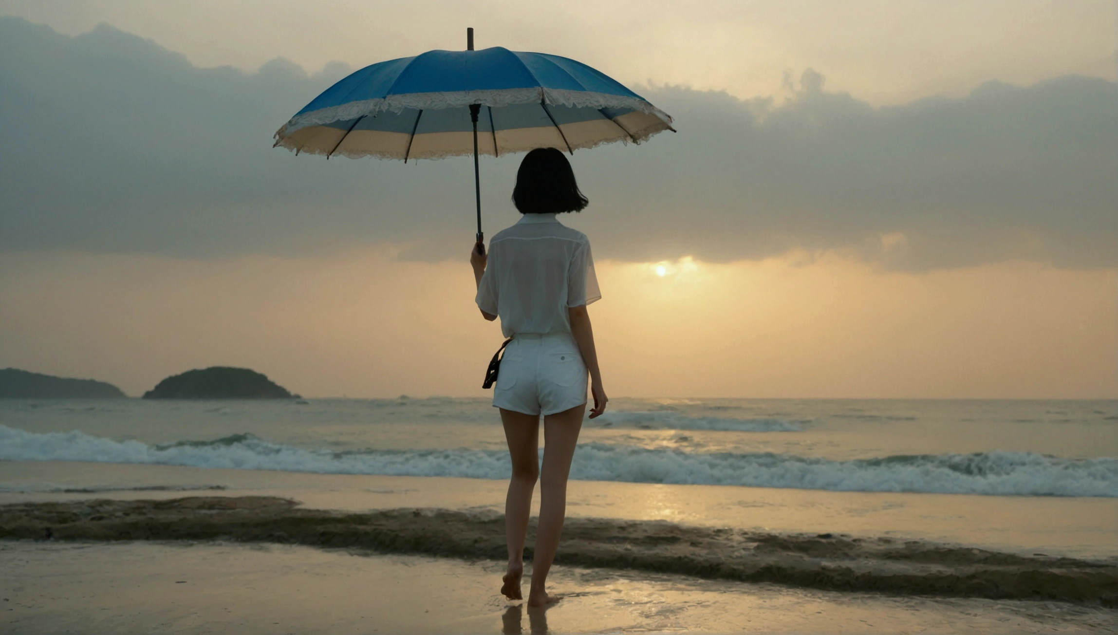 8k, realistic, lifelike photo, Realistic appearance of nature, beach at sunset, pale light, umbrella, rain, 36 year old Korean woman, short medium hair,tower, White shorts 끝없는 해변 파도에 서있는 여자. from a distance with a wide angle lens , tower, White shorts, waves crashing, Clear picture quality, 검은 umbrella을 쓰고, walking on the beach