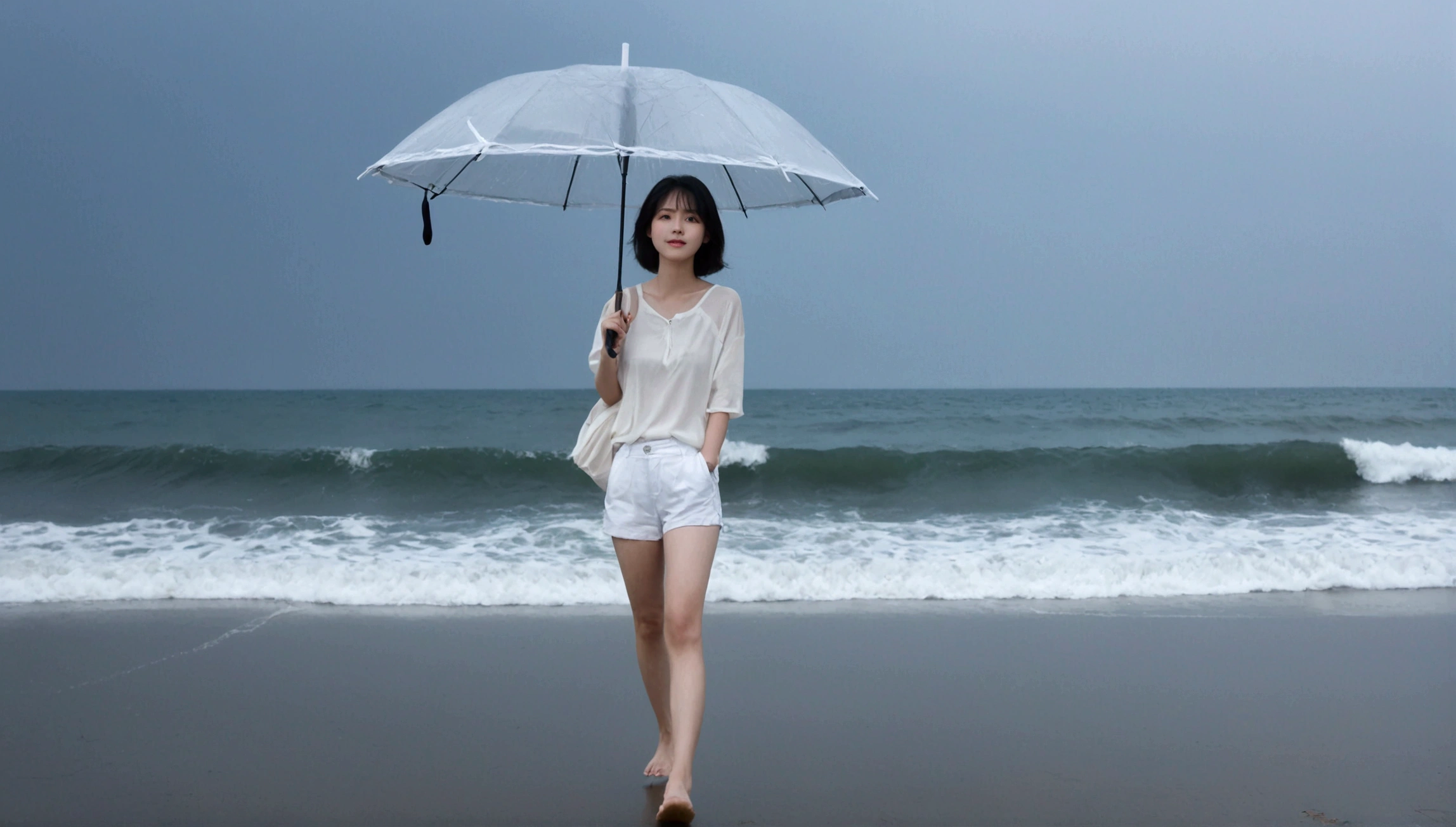 8k, realistic, lifelike photo, Realistic appearance of nature, beach at sunset, pale light, umbrella, rain, 36 year old Korean woman, short medium hair,tower, White shorts 끝없는 해변 파도에 서있는 여자. from a distance with a wide angle lens , tower, White shorts, waves crashing, Clear picture quality, 검은 umbrella을 쓰고, walking on the beach