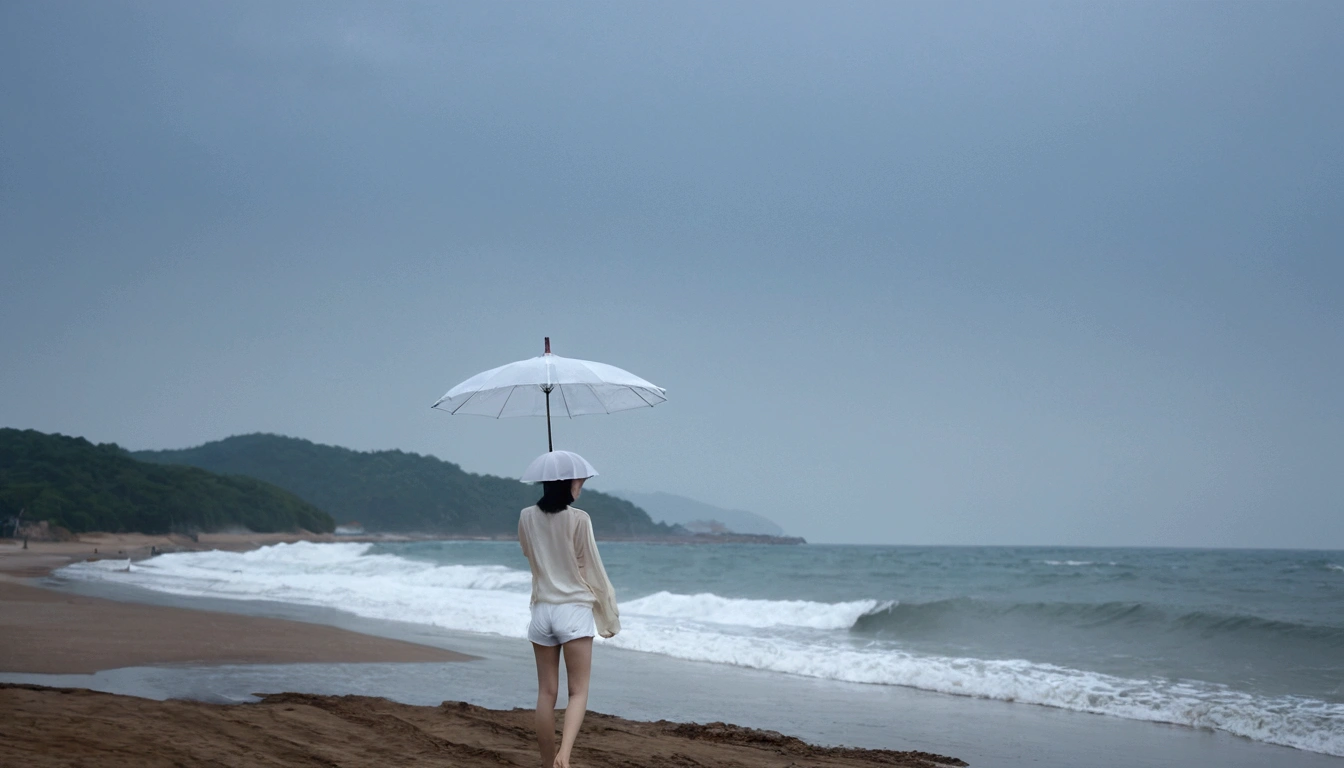 8k, realistic, lifelike photo, Realistic appearance of nature, beach at sunset, pale light, umbrella, rain, 36 year old Korean woman, short medium hair,tower, White shorts 끝없는 해변 파도에 서있는 여자. from a distance with a wide angle lens , tower, White shorts, waves crashing, Clear picture quality, 검은 umbrella을 쓰고, walking on the beach