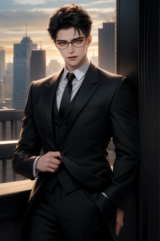(masterpiece,best quality,ultra_detailed,highres,absurdres) (detailed shadow) (quality light),1 mature male, 21 years old, korean male focus, solo, mid-length black hair, (yellow eyes), city background, full body, looking at viewer, parted lips, round eyewear, (wearing black suit with tie), (wearing thin glasses), showing a bit of muscles, smirk smile face.