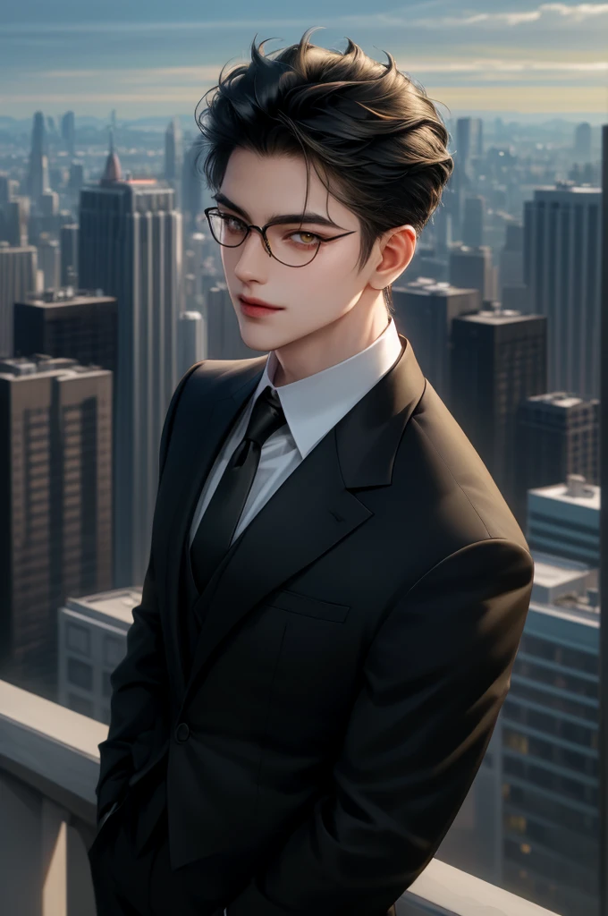 (masterpiece,best quality,ultra_detailed,highres,absurdres) (detailed shadow) (quality light),1 mature male, 21 years old, korean male focus, solo, mid-length black hair, (yellow eyes), city background, full body, looking at viewer, parted lips, round eyewear, (wearing black suit with tie), (wearing thin glasses), showing a bit of muscles, smirk smile face.