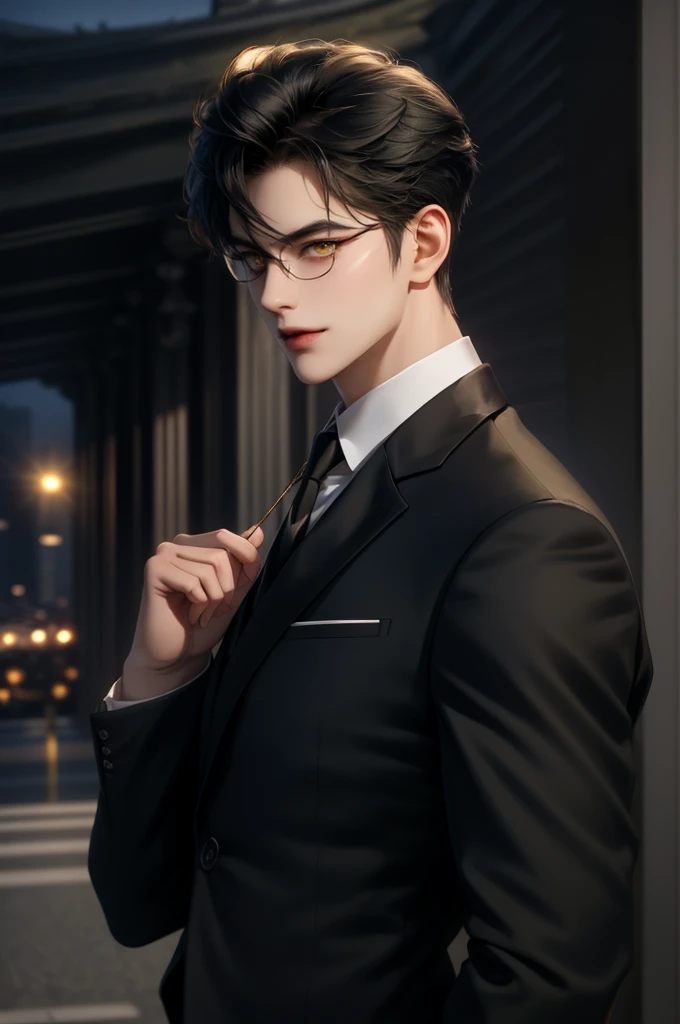 (masterpiece,best quality,ultra_detailed,highres,absurdres) (detailed shadow) (quality light),1 mature male, 21 years old, korean male focus, solo, mid-length black hair, (yellow eyes), city background, full body, looking at viewer, parted lips, round eyewear, (wearing black suit with tie), (wearing thin glasses), showing a bit of muscles, smirk smile face.