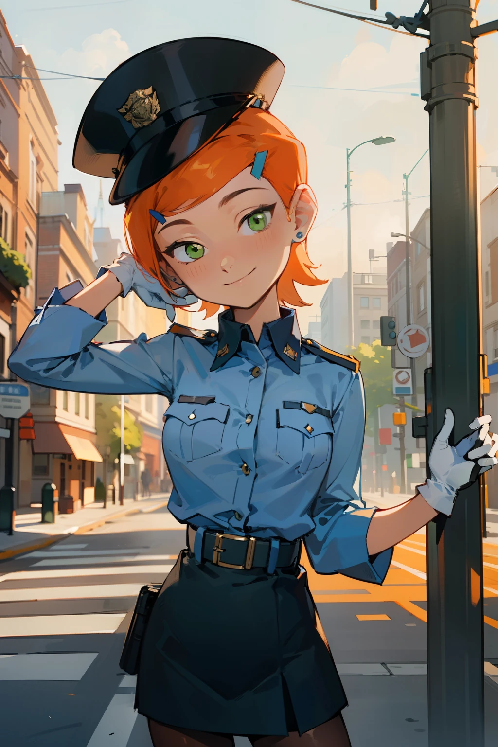 (masterpiece, best quality), 1girl(beautiful face, gwendolyn_tennyson, breasts, orange hair,  short hair, green eyes),smile, solo, head tilt, police woman,  low blue shirts, belts,  dark blue  skirt,  brown pantyhose,  police hat, white gloves,  outdoor,  standing , sexy waist teasing,  a seductive pose 