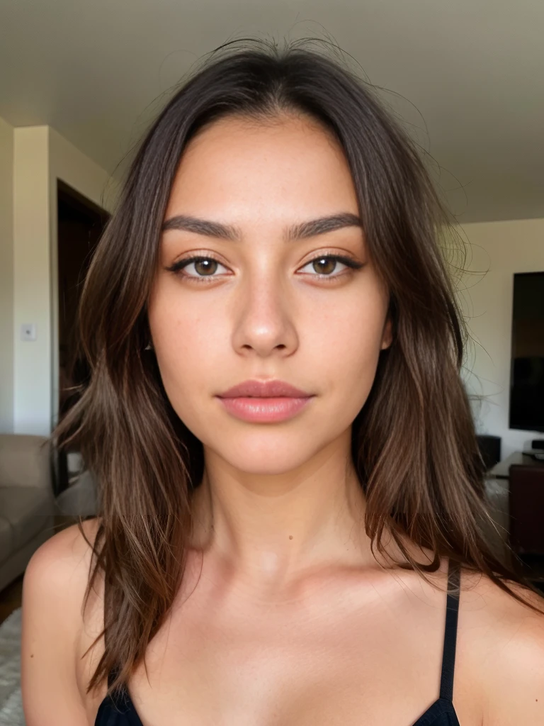 A beautiful girl, face detail, brown eyes, almond eye shape, innocent gaze, big lips, heart faceshape, fine nose, standing in a living room, very detailed, naturally wavy brown hair, high quality, small wrinkles, 4k, extremely detailed, small dark circles, mole, imperfections, medium arch eyebrows shape, thick eyebrow, black eyebrow