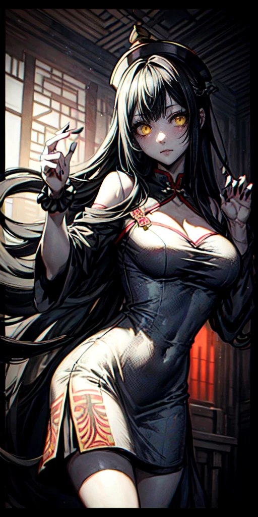 lora:flat:-1.2, masterpiece, best quality, 4k, 8k, 1 woman, solo, pale skin, tall stature, long hair, blunt bangs, side braid, black hair, ugly face, bad face, bad eyes, droopy eyes, unclear eyes, ruby red eyes, lemon yellow eyes, pale skin, black eyeliner, black eye shadow, heterochromia, slender frame, frightened, ofuda, jiangshi costume:1.2, sheath long skirt, China dress, fang, horror, coffin, forest, dark night, stormy weather, fog, from front, cowboy shot, look at viewer, paw pose,