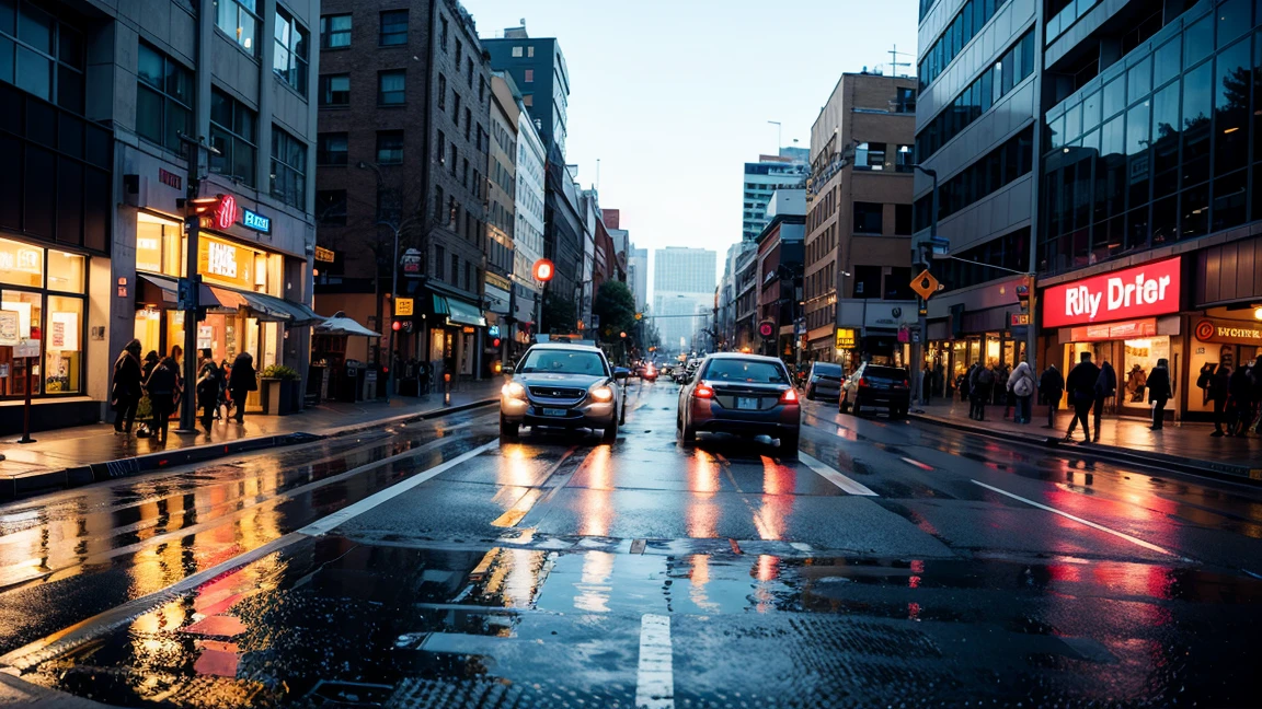 8k、Tabletop、RAW Photos、Highest quality、Real、非常に詳細なCG Unity 8k壁紙、Depth of written border、Cinematic Light、Lens flare、Ray Tracing、Rainy street corner、People walk on the sidewalk、The car is driving on the road、People are holding umbrellas、The road is2lane、