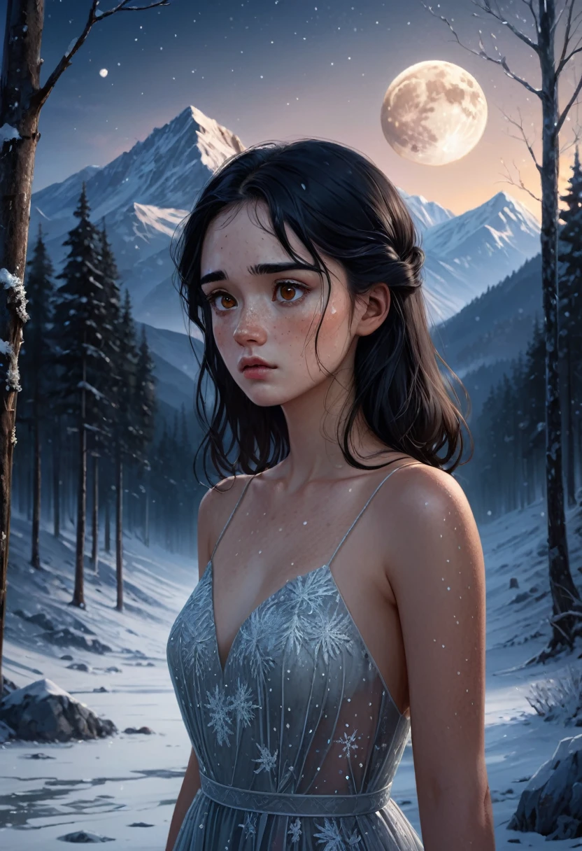 ((Best Quality)), ((Masterpiece)), (detailed), 1 girl, with freckles on his face, black hair, Brown eyes, she is wearing an ice dress, the girl is sad and conveys a feeling of melancholy, the girl is seen in the distance, is in a forest with mountains and a snowy climate while it is dawn, In the background you can see a moon