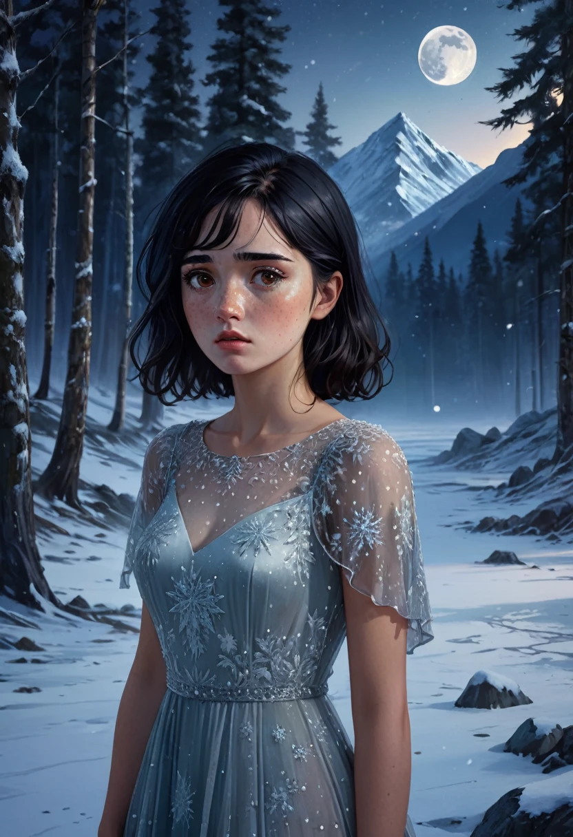 ((Best Quality)), ((Masterpiece)), (detailed), 1 girl, with freckles on his face, black hair, Brown eyes, she is wearing an ice dress, the girl is sad and conveys a feeling of melancholy, the girl is seen in the distance, is in a forest with mountains and a snowy climate while it is dawn, In the background you can see a moon