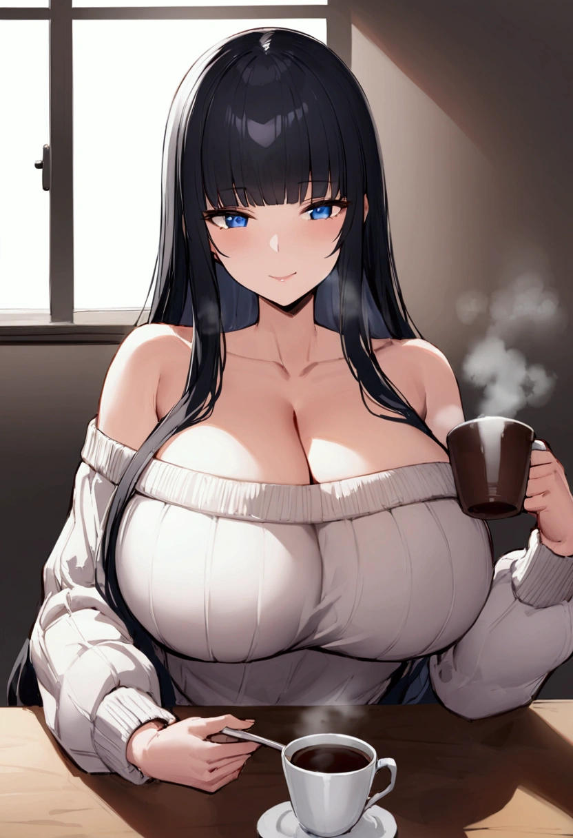 Hime cut with long black hair、Has straight bangs and blue eyes、A girl with very large breasts wears an off-the-shoulder sweater。Drinking coffee at desk。Coffee is one。The girl has a relaxed, calm and satisfied look。rather large udder。Unbelievably large breasts。Cleavage。