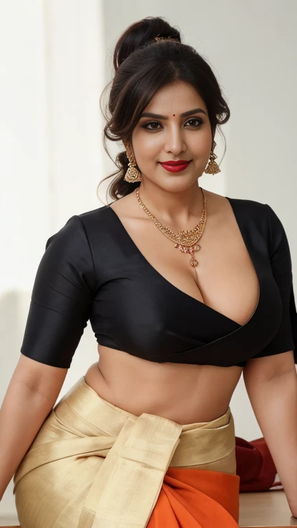 close up photo of sexy indian teacher , sitting on table in classroom, surrounded by mens,men surrounding her,she pull coller of mens shirt, hourglass figure, swooping breasts, deep cleavage, curvy, erotic standing having sex with big eggplant with wide open spread legs, sexy armpits, seductive eyes, sultry, look at viewer and subtle smile, traditional half sleeves blouse with traditional saree, red lips, ponytail, necklace, 4K, HD