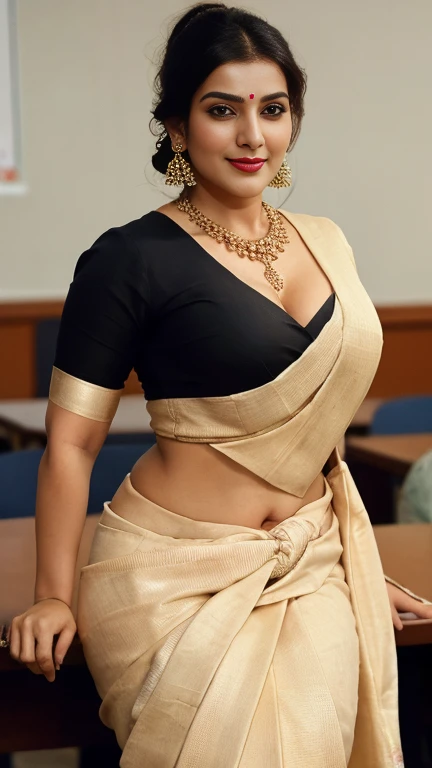 close up photo of sexy indian teacher , sitting on table in classroom, surrounded by mens,men surrounding her,she pull coller of mens shirt, hourglass figure, swooping breasts, deep cleavage, curvy, erotic standing having sex with big eggplant with wide open spread legs, sexy armpits, seductive eyes, sultry, look at viewer and subtle smile, traditional half sleeves blouse with traditional saree, red lips, ponytail, necklace, 4K, HD