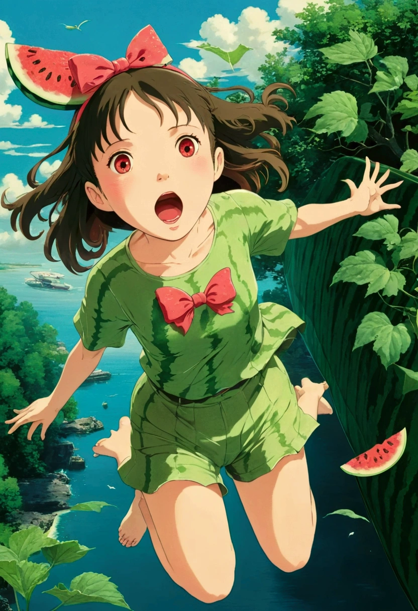 Ghibli　summer 　flying　 Watermelon ghost　Surprised　girl