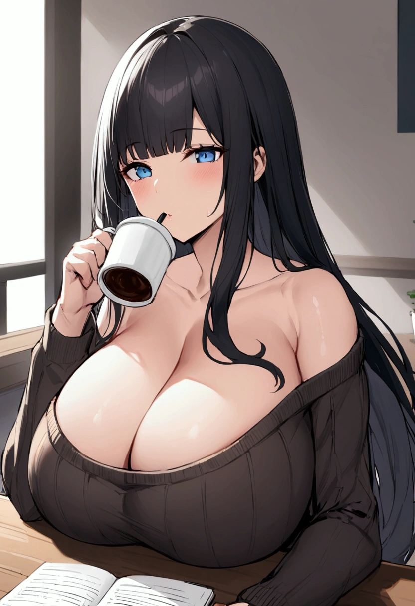Hime cut with long black hair、Has straight bangs and blue eyes、A girl with very large breasts wears an off-the-shoulder sweater。Drinking coffee at desk。Coffee is one。The girl has a relaxed, calm and satisfied look。rather large udder。Unbelievably large breasts。Cleavage。
