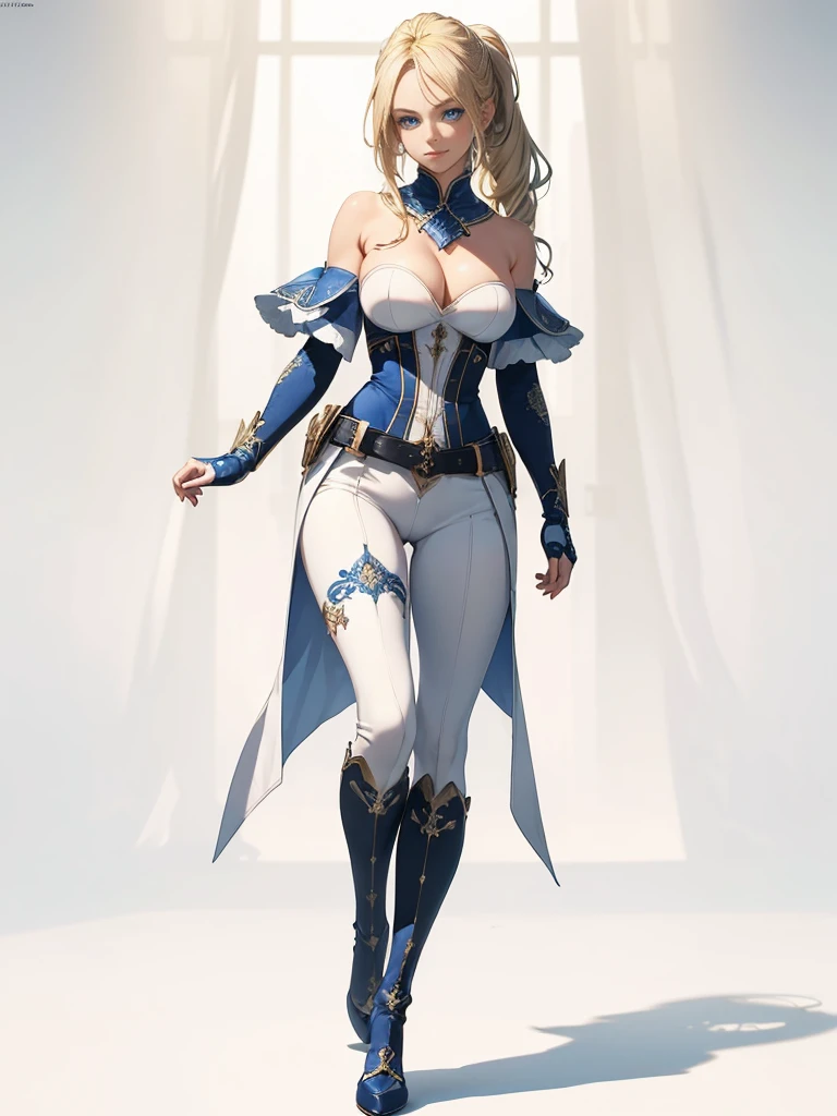 ((1girl, solo)), jean (genshin impact), full body, standing, beautiful body, (perfect anatomy, perfect body, perfect hands, perfect legs), nice hands, natural proportions, sexy body, (large breasts:1.3) BREAK
((extremely detailed face)), blue eyes, (beautiful detailed eyes:1.6), (realistic pupils, realistic iris:1), expressive eyes, ((looking at viewer)), (clear eyes:1.3), (hyperrealistic:1.2), (detailed skin texture:1.2), smooth skin, (blonde hair:1.5), long hair, ponytail, (detailed lips:1.2), (attractive lips:1.1), (glossy lips:1.1), (smile), perfect face, perfect eyes BREAK
((strapless shirt)), (((white shirt))), cleavage, ((blue capelet)), (elbow gloves), (((white pants))), (skin tight:1.5), belt, ((blue tailcoat)), knee-high boots, high heels, thigh gap BREAK
(masterpiece:1.5), anime-style, top quality, best quality, (beautiful and aesthetic:1.2), (ultra detail:1.5), Ultra-detailed depiction, Ultra-precise depiction, extremely detailed 8k illustration, high resolution, (highly detailed shading:1.2), (realistic lighting:1.4), perfect lighting, vibrant colors, dynamic tones, striking hues, 8k, absurd resolution, perfect shadows, hdr, UHD, ambient lighting, realistic, ultra-realistic, photo realistic, highly detailed, rich detail, luminous colors, fine texture, intricate design, professional illustration, (soft light:1.2), (illustration:0.7)