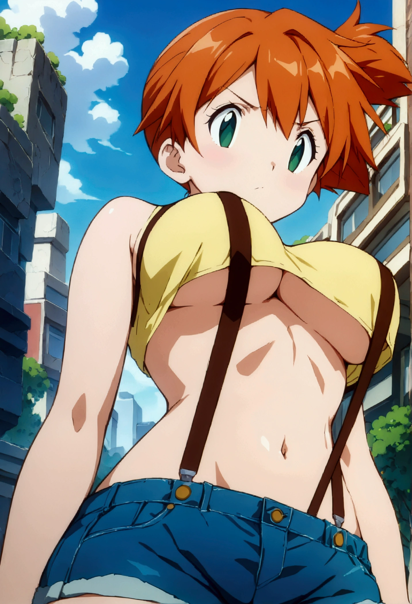 (score_9, score_8_up, score_7_up), ((best quality, masterpiece)),perfect anatomy,((aesthetic,very aesthetic)),official style, (ultra-high resolution),source_anime.from front,below view,breast focus ,standing crossed arms,  (mature) ,1girl, Outdoor, Green Eyes, Orange Hair, , Yellow Shirt, Sleeveless shirt,((stomach)), Denim shorts, suspenders, ,   (slender), under_boob,unity 8k wallpaper.extremely detailed CG, ,,
